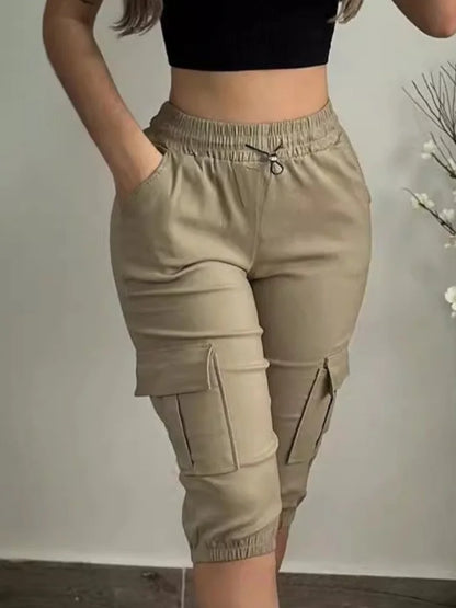 Summer Women's Slim-Fit Capri Trousers Solid Color Casual Multiple Pocket Lace-Up High Waist Tight Leggings Capri Pants