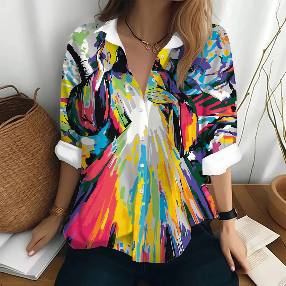 Autumn Women's Shirt Fashion Long Sleeve T-shirt Figure Print Loose Button Fashion Top Women's Polo Neck Long Sleeve T-shirt