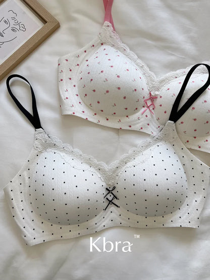 Lace Contrast Floral Print Lingerie for Women, Small Chest Gathering, Seamless and Underwire Bra