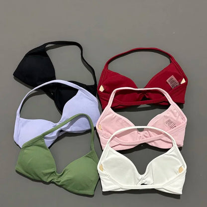 HISTELLO Strappy Bra Gym Top Women High Support Thin Strap Halter Sports Seamless Bras Scrunch Push-up Workout Yoga Tank Tops