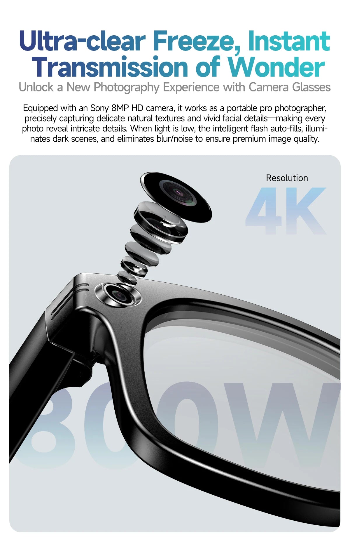 Nouvelles lunettes de soleil intelligentes : 8 millions de pixels, enregistrement vidéo, reconnaissance photo par IA, traduction des réponses, batterie 290 mAh, Bluetooth.