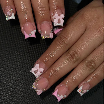 24pcs Nude Pink Sweet Fake Nails Short Duckbill Leopard Print French False Nails With 3D Bowknots Butterfly Cherry Press On Nail