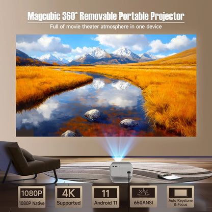 Projecteur Magcubic Native 1080P 650ANSI 4K Android 11 L018 360° avec correction trapézoïdale automatique, souris aérienne, Wi-Fi 6, Bluetooth 5.2, portable pour l'extérieur