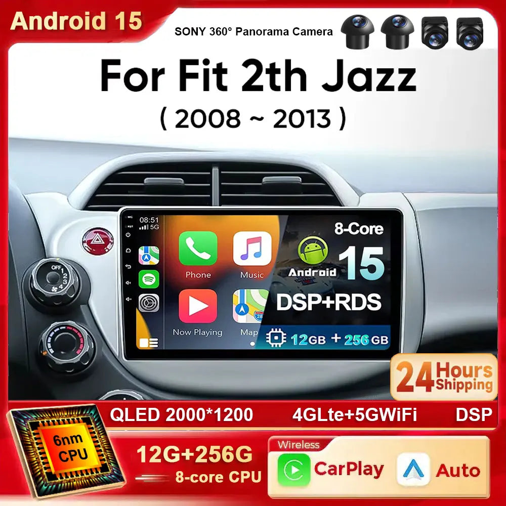 Android 15 Car Radio For Honda Fit Jazz 2008-2013 2din Android 12 Carplay Multimidia Video Player Navigation GPS Head Unit