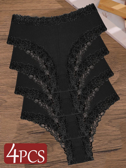 4Pcs/Set Seamless Cotton Brazilian Pants For Women Elastic High Waist Breathable Underpants Ladies Lace Panties Sexy Lingerie