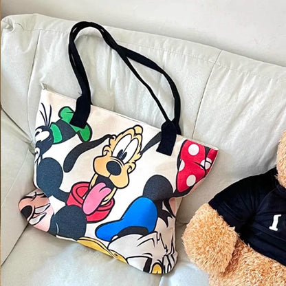 Cartoon Mickey Tote Bag Canvas Bag with Goofy Pattern Shoulder Bag Fashion Travel Large Capacity Canvas Bag Women Shopping Use