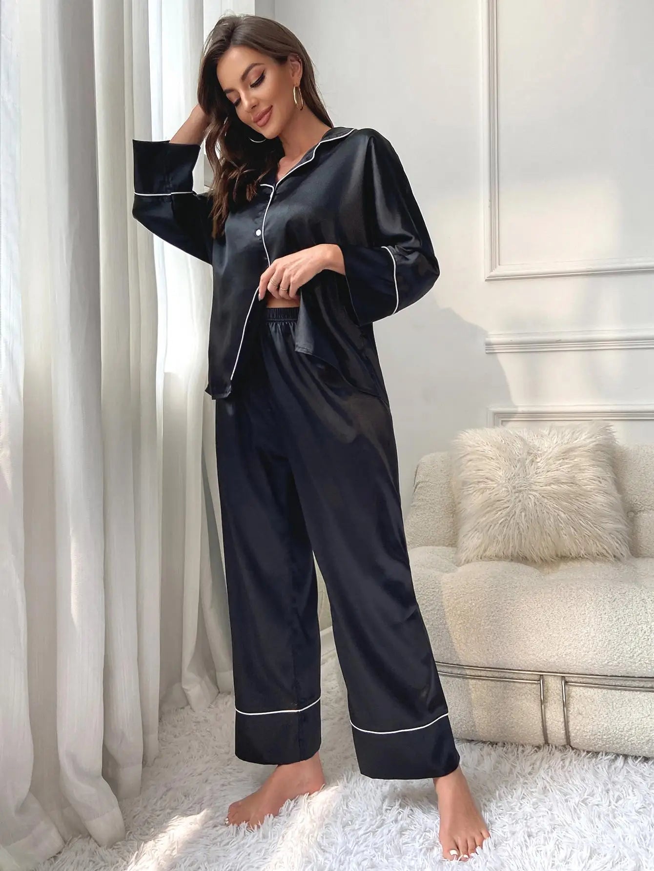 Women's Pajama Set Sleepwear Suit Loungewear Pj Set Satin Long Sleeve Tops With Pants 2 Pieces Pjs Pajamas for Women Pyjama