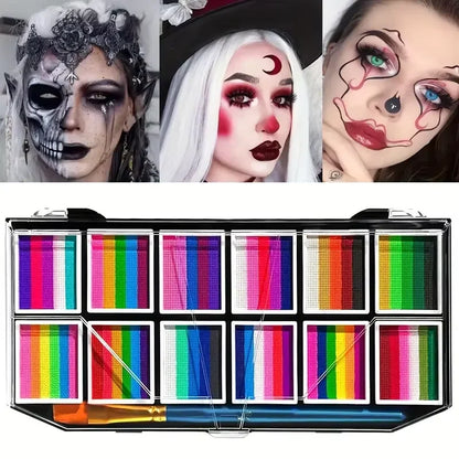 Palette de maquillage pour le visage et le corps à 12 cases, palette arc-en-ciel bicolore, maquillage à base d'eau non toxique pour Halloween et autres fêtes.
