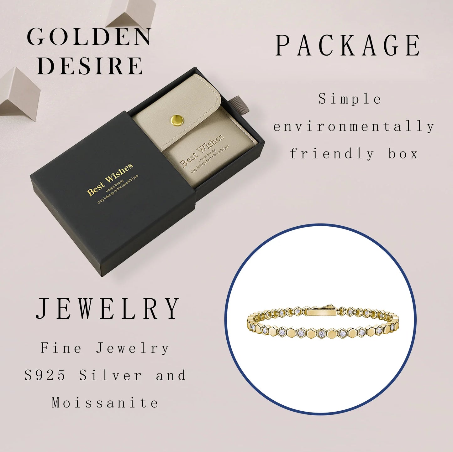 Bracelet tennis hexagonal en argent sterling 925 plaqué or 14 carats et moissanite, pour femme. Bijou géométrique scintillant aux couleurs chatoyantes. Idée cadeau.