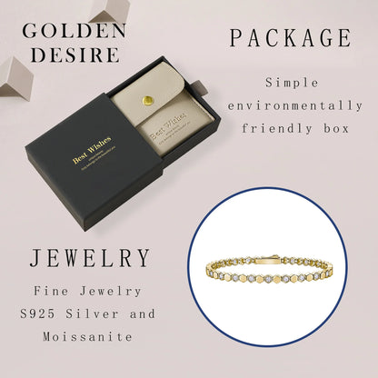 Bracelet tennis hexagonal en argent sterling 925 plaqué or 14 carats et moissanite, pour femme. Bijou géométrique scintillant aux couleurs chatoyantes. Idée cadeau.