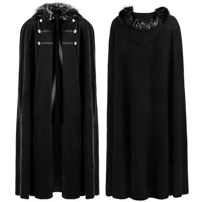 Men Punk Vintage Cape Casual Cloak Halloween Fur Collar Hooded Trench Medieval Costume Renaissance Party Autumn Winter Long Coat