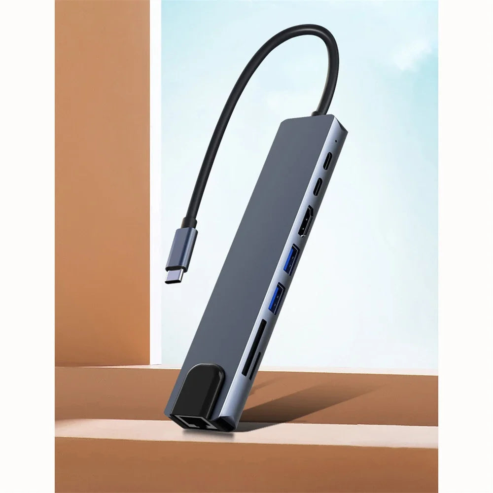 8 In 1 USB C Hub with RJ45 SD/TF Card Reader Type C 3.1 To 4K HD Adapter  PD Fast Charge for MacBook Notebook Laptop Computer