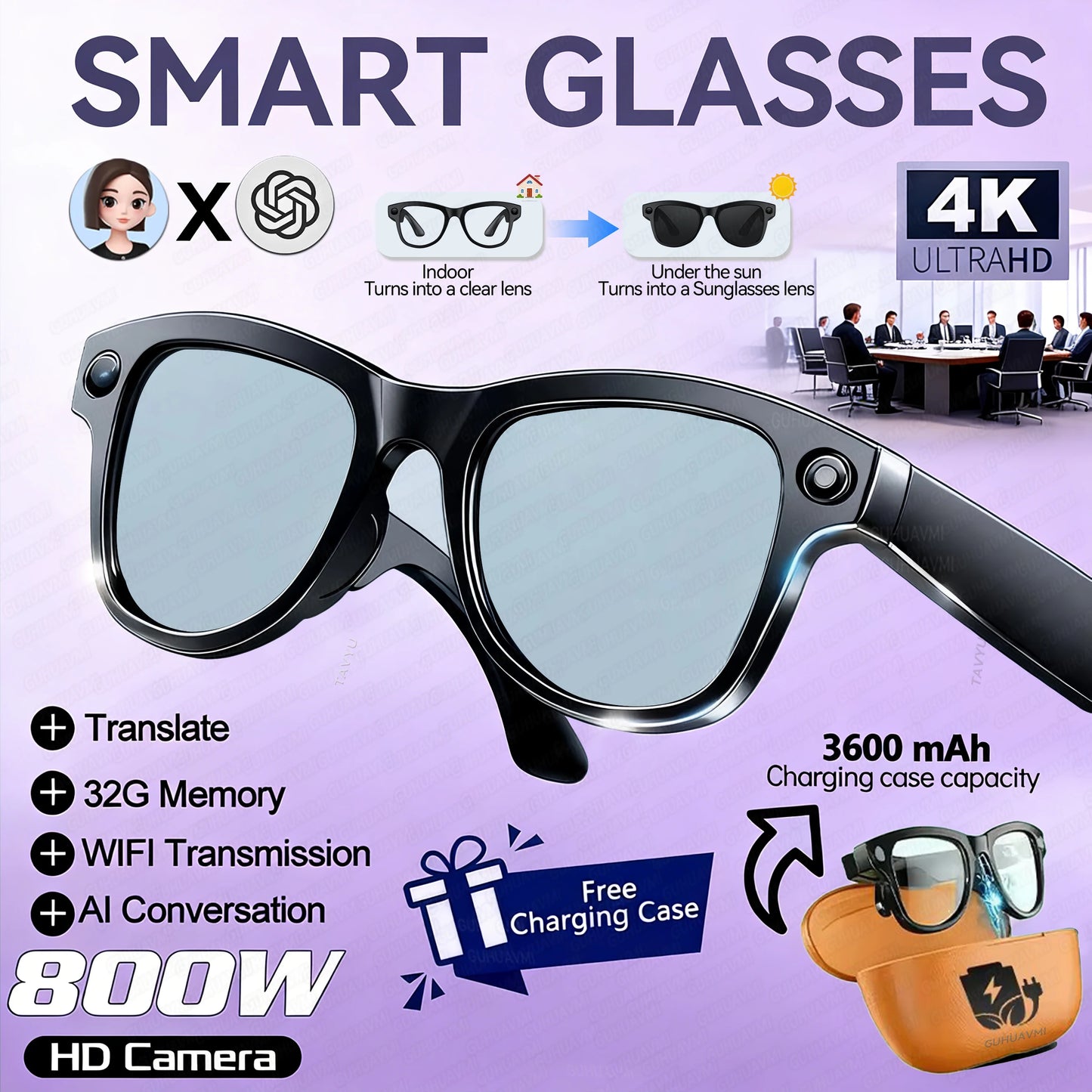 2026 Smart Glasses Women 3600mAh Power Bank 800W Camera 120+Languages Translation Recording Videos Music Player Call Glasses Men
