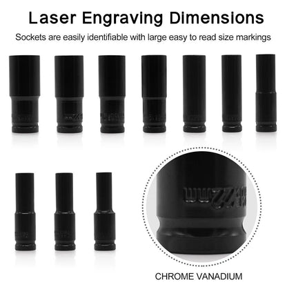 Jeu de 10 douilles à impact, clés hexagonales profondes 1/2", clés pneumatiques 10-24 mm, outils de démontage de pneus