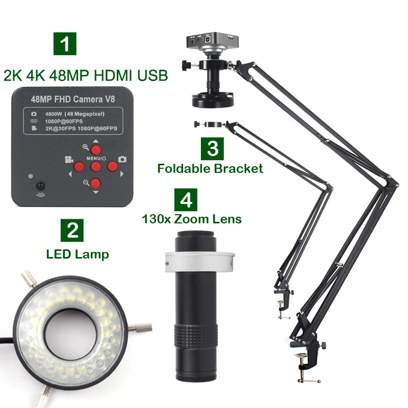 55MP 48MP 4K 1080P HDMI USB Video Microscope Camera 1-130X Infinitely Far C Mount Lens LED Light for Digital Image Acquisition
