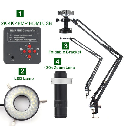 55MP 48MP 4K 1080P HDMI USB Video Microscope Camera 1-130X Infinitely Far C Mount Lens LED Light for Digital Image Acquisition