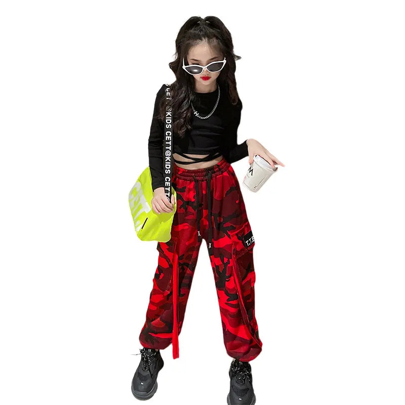 Girls Camouflage Pants Kids Fashion Casual High waisted wide leg pants 2025 Spring Fall ClothesTeen Girl Trousers 8 10 12 14Y