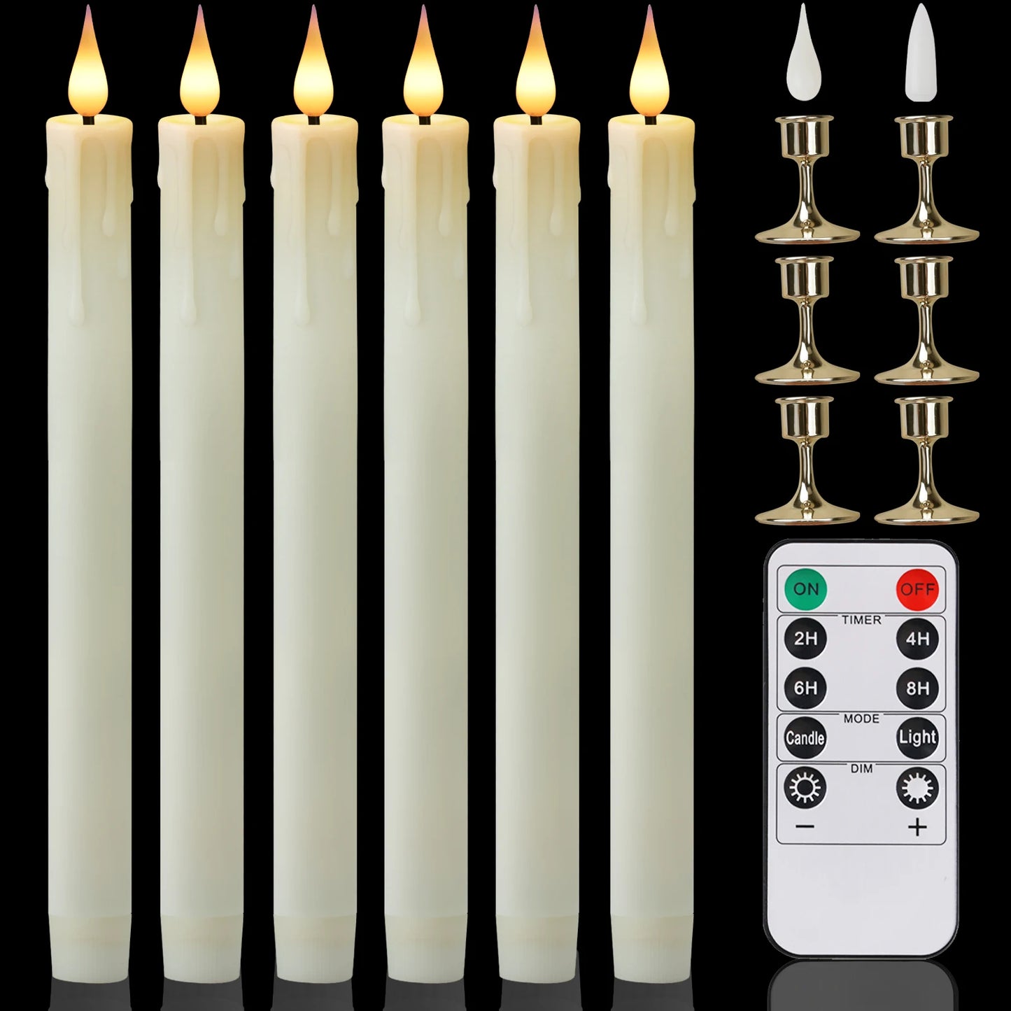 Lot de 6 ou 12 bougies coniques ivoire sans flamme à LED, effet scintillant, avec télécommande, mèche 3D, fonctionne sur piles, décoration de Noël, fenêtre ou mariage