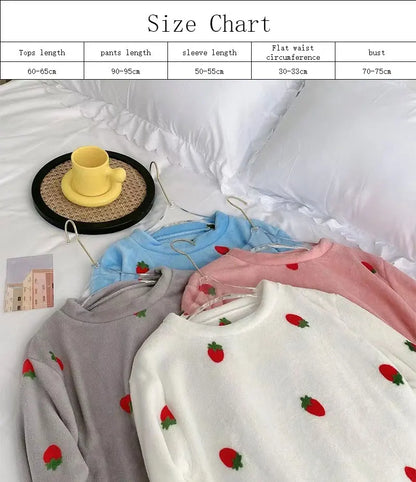 Women Pyjamas Sets 2025 Autumn Winter Warm Flannel Strawberry Coral Long Sleeve Girls Sleepwear Casual Fleece Pajamas Homewear