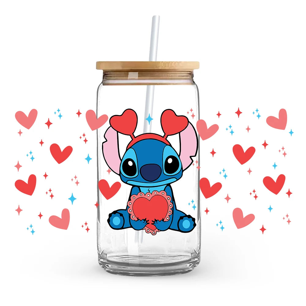 Valentine's Day cartoon Mickey Minnie Stitch Love 16oz Glass Cup UV DTF Transfer Film High-Quality Wraps Transfer Decals
