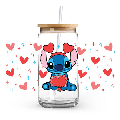Valentine's Day cartoon Mickey Minnie Stitch Love 16oz Glass Cup UV DTF Transfer Film High-Quality Wraps Transfer Decals