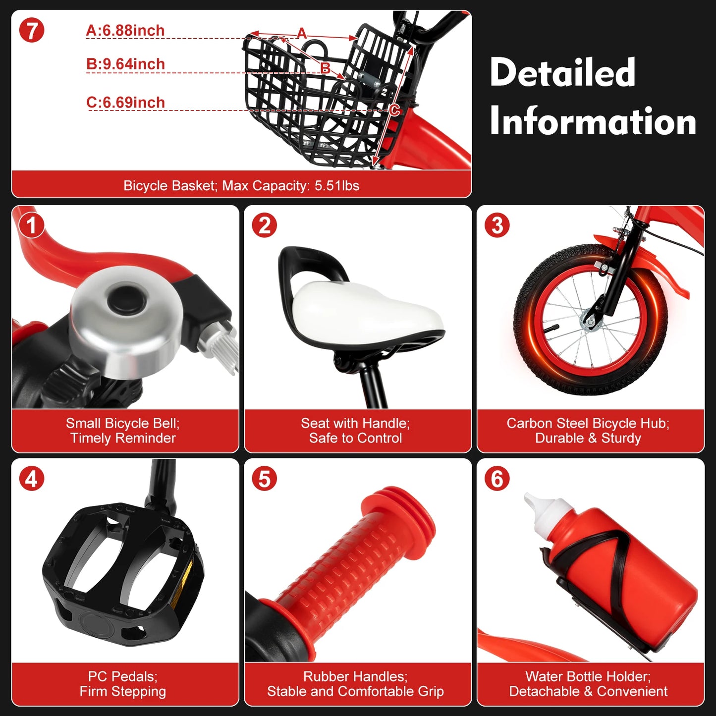 Children Bike Boys Girls Toddler Bicycle Adjustable Height Kid Bicycle with Basket for 2-4 Years Old Blue / Red / Yellow