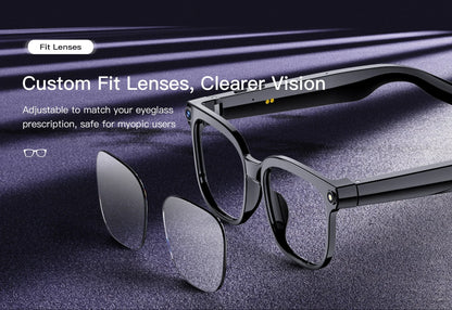 Lunettes intelligentes avec traduction IA, prise de photos, reconnaissance d'objets, caméra 4K, Bluetooth, musique, appels et enregistrement intelligent.