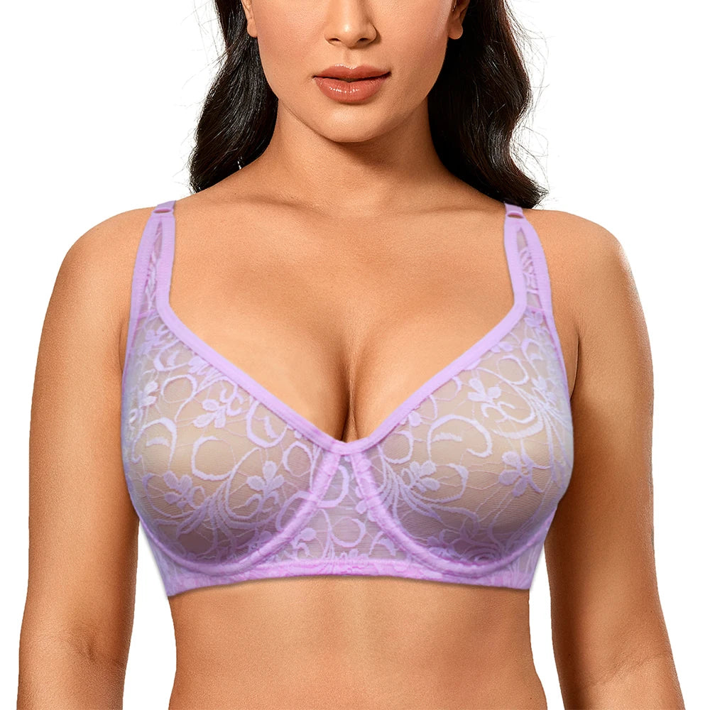 Bras For Women Plus Size Lace Mesh BH Tops Underwire Embroidery See Through Sexy Underwear Lingerie Brassiere A B C D DD Cup