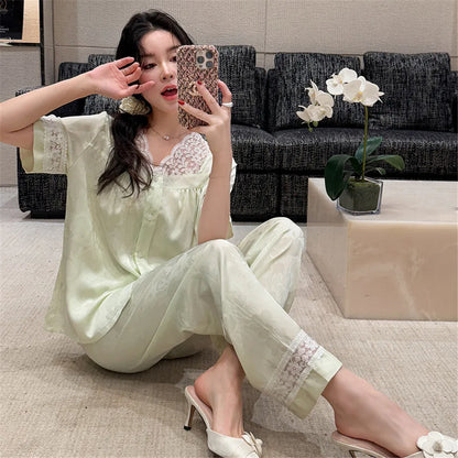 Pajamas Sets for Women Sexy Lace V-Neck Satin Patchwork Pijama Sets Sleepwear Female Ice Silk Pyjamas Home Clothing