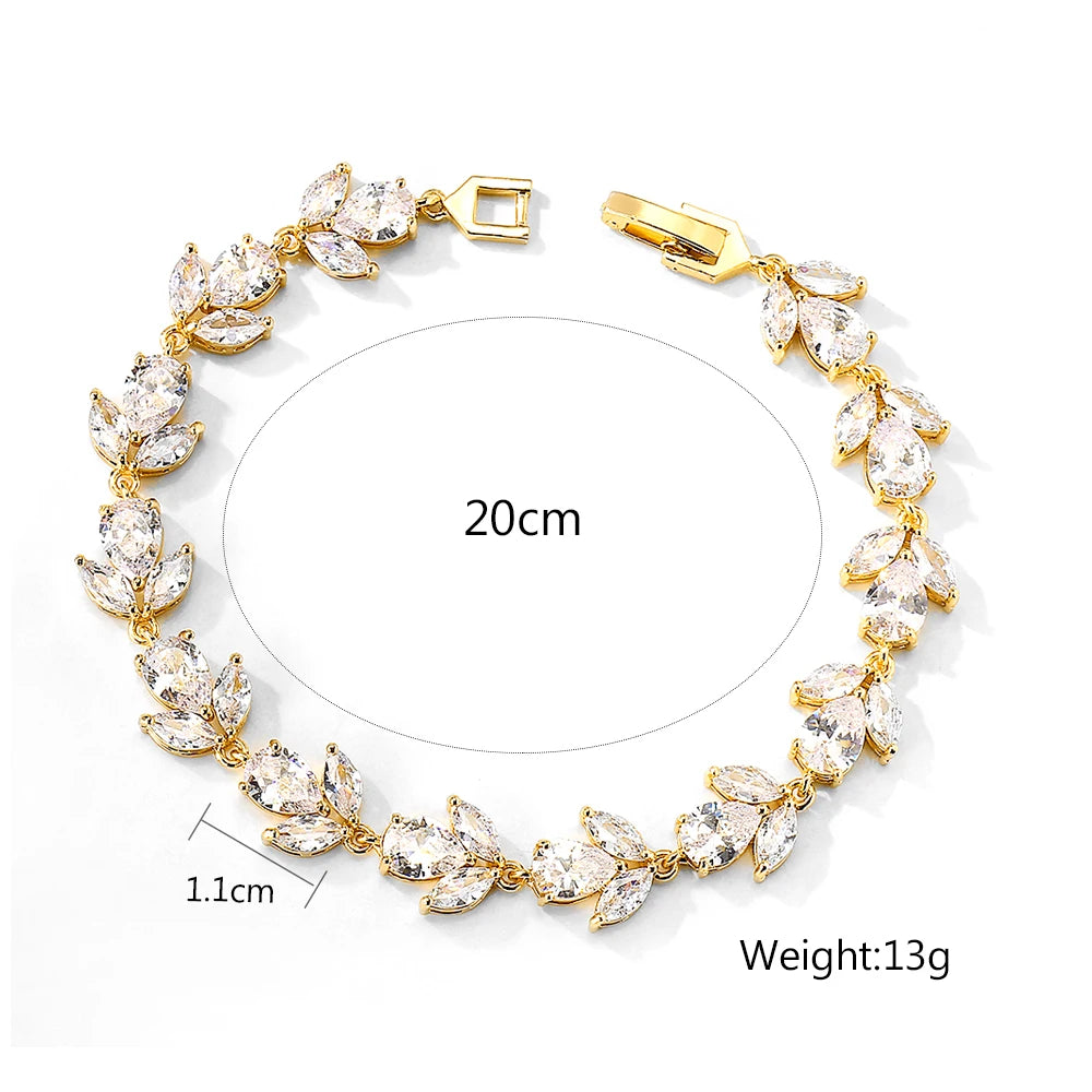 Bracelets de mariage ZAKOL de luxe en zircone cubique AAA pour femmes, bracelet jonc de haute qualité couleur or blanc avec breloque feuille