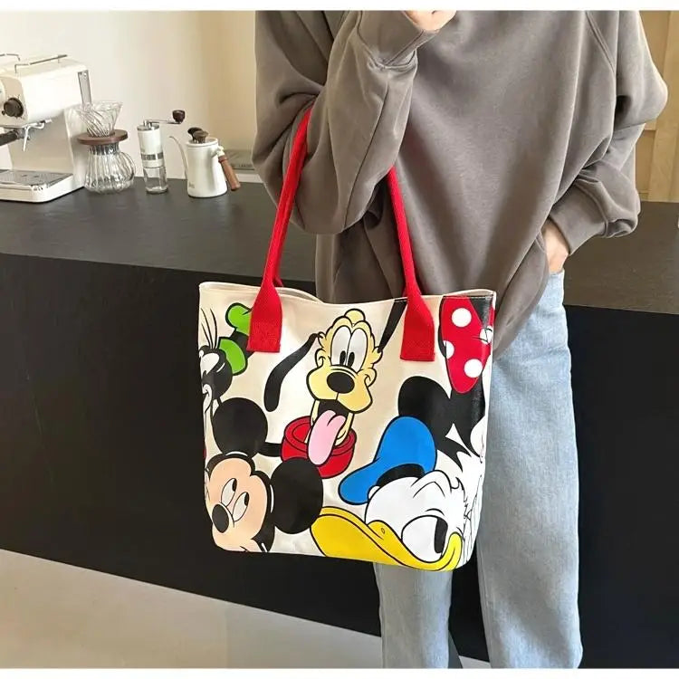 Cartoon Mickey Tote Bag Canvas Bag with Goofy Pattern Shoulder Bag Fashion Travel Large Capacity Canvas Bag Women Shopping Use
