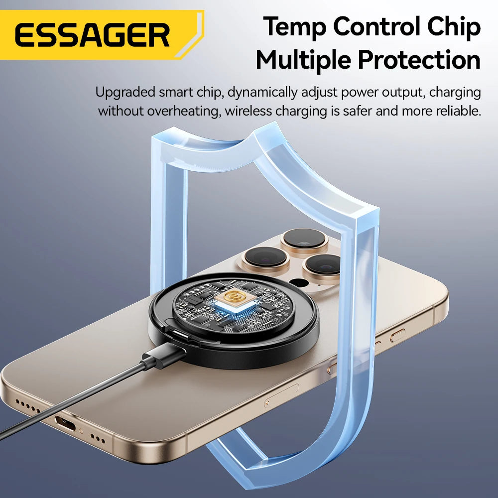 Essager Magnetic Wireless Charger With Holder 15W Fast Charging For iPhone17 16 15 14Pro Max Airpods Mini Wireless Phone Charger