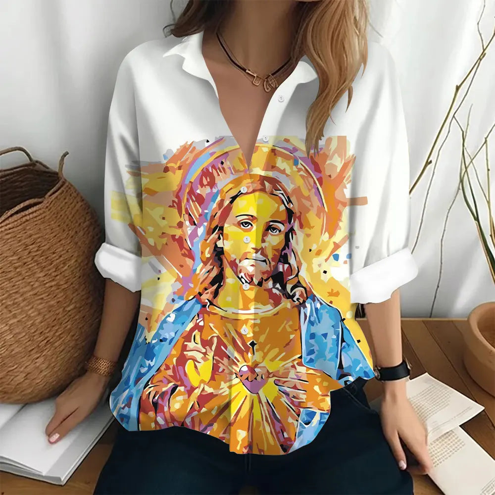Autumn Women's Shirt Fashion Long Sleeve T-shirt Figure Print Loose Button Fashion Top Women's Polo Neck Long Sleeve T-shirt