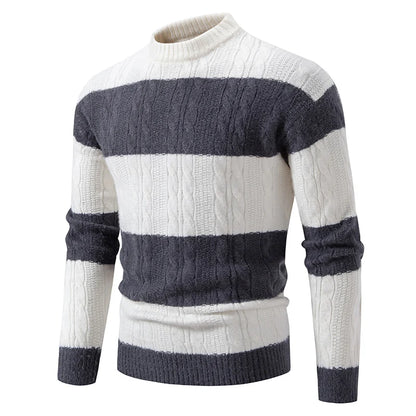 Pull en maille patchwork à col montant pour homme, rayé, décontracté et tendance, idéal pour l'automne et l'hiver.