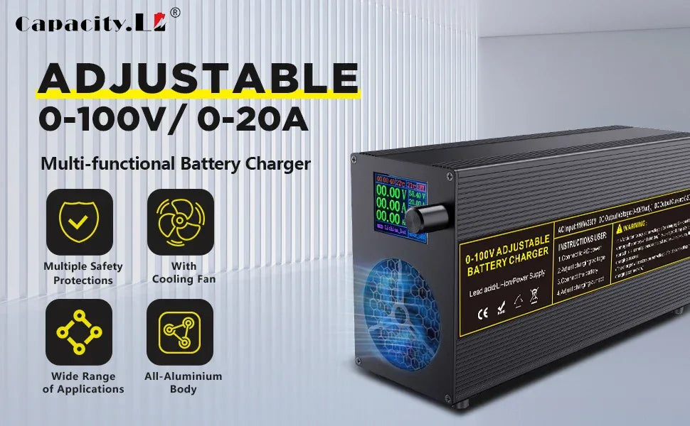 0-100V25A Lifepo4 Charger 24V48V64V72V Fast Charger Lithium Battery Charger 14.6V 100A 60A Battery Adapter Adjustable voltage