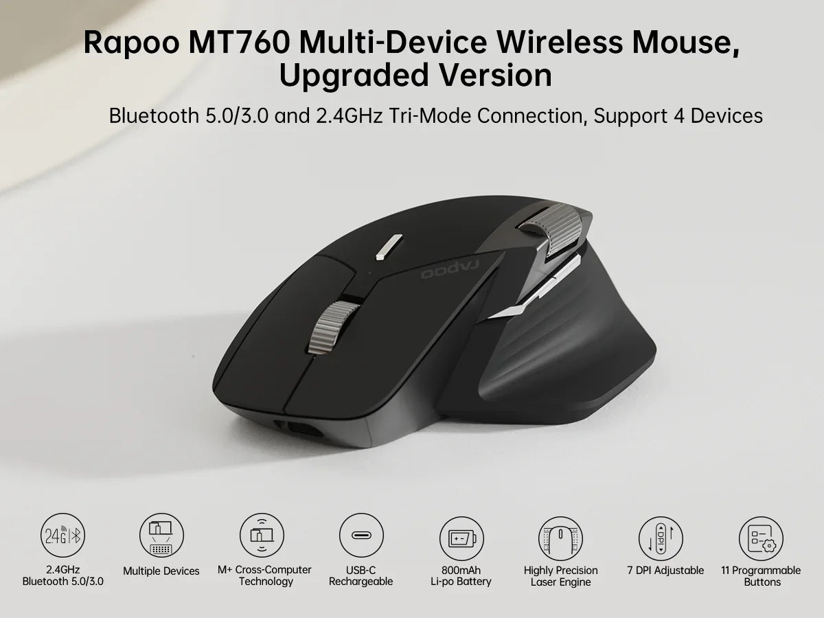 Rapoo MT760 Rechargeable Multi-mode Wireless Mouse Ergonomic 3200 DPI Easy-Switch Up to 4 Devices Bluetooth Mouse Office Mice