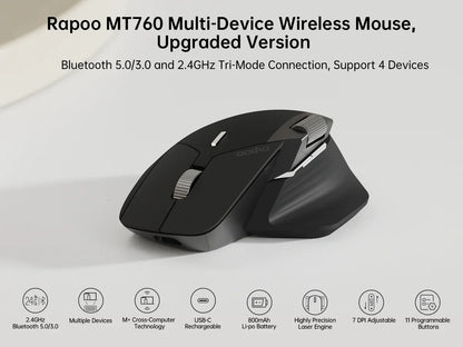 Rapoo MT760 Rechargeable Multi-mode Wireless Mouse Ergonomic 3200 DPI Easy-Switch Up to 4 Devices Bluetooth Mouse Office Mice