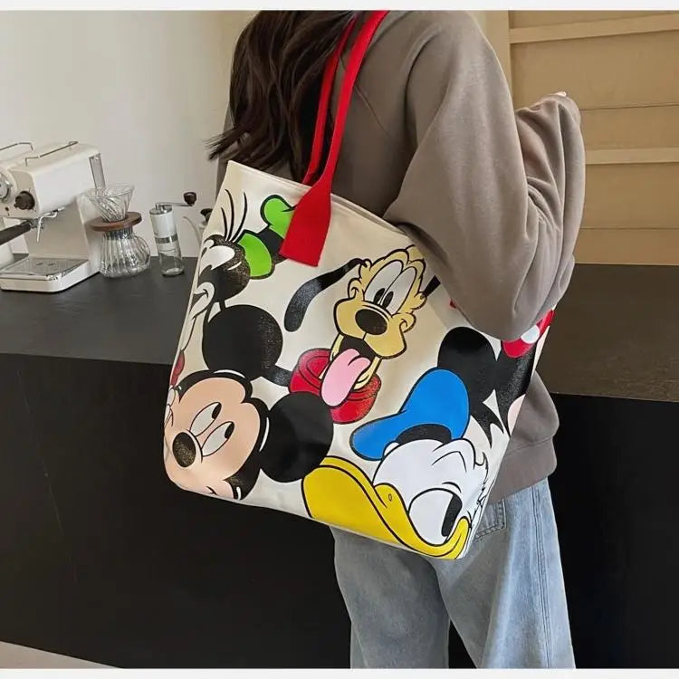 Cartoon Mickey Tote Bag Canvas Bag with Goofy Pattern Shoulder Bag Fashion Travel Large Capacity Canvas Bag Women Shopping Use