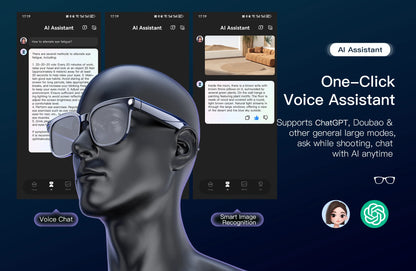 Lunettes intelligentes avec traduction IA, prise de photos, reconnaissance d'objets, caméra 4K, Bluetooth, musique, appels et enregistrement intelligent.