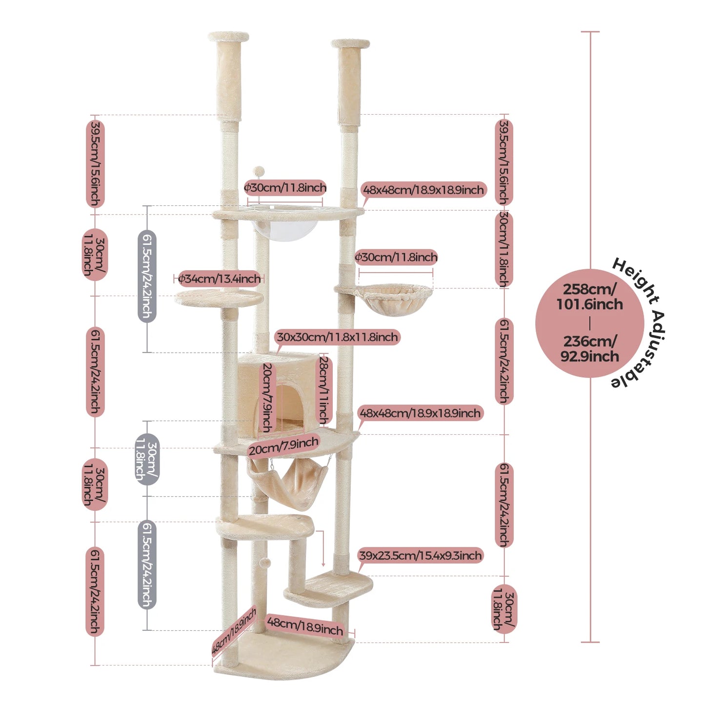 Floor to Ceiling Cat Tree Adjustable Cat Tower Tall Kitty Climbing Play House with Scratching Posts Cozy Condo Perches Hammock