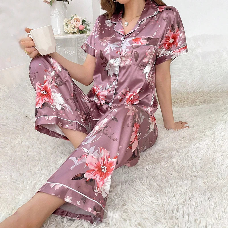 Satin Pajama for Women Flower Print Sleepwear Set Soft Comfort Home Clothes Autumn Short Sleeve Tops & Pants Pyjama Pijama Femme
