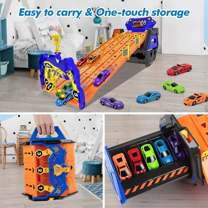 VATOS Camion de course portable à 5 pistes, jouet pour garçons et filles. Coffret de 5 véhicules de transport pour voitures de course.