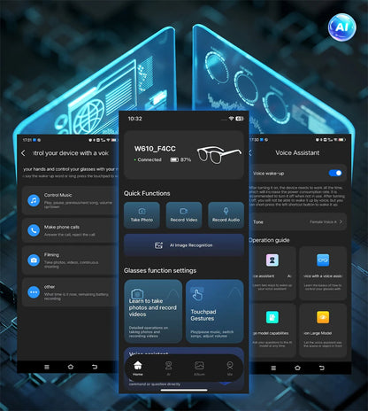 Lunettes intelligentes IA avec caméra 8 MP, enregistrement vidéo, traduction, appels Bluetooth et lecture de musique. Modèle unisexe.