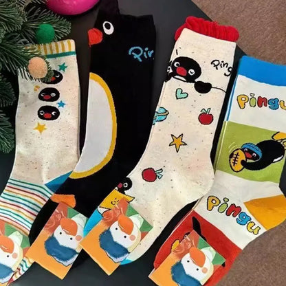 1/2Pairs Autumn and Winter Season Trendy Cartoon Cute Original Versatile Animal Colorful Pattern Simple Penguin Middle Socks
