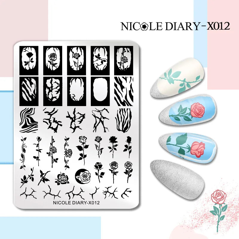 NICOLE DIARY Rose Flower Nail Stamping Plates Image Template Valentine's day Love Heart Printing Stencil Nail Art Manicure Tools