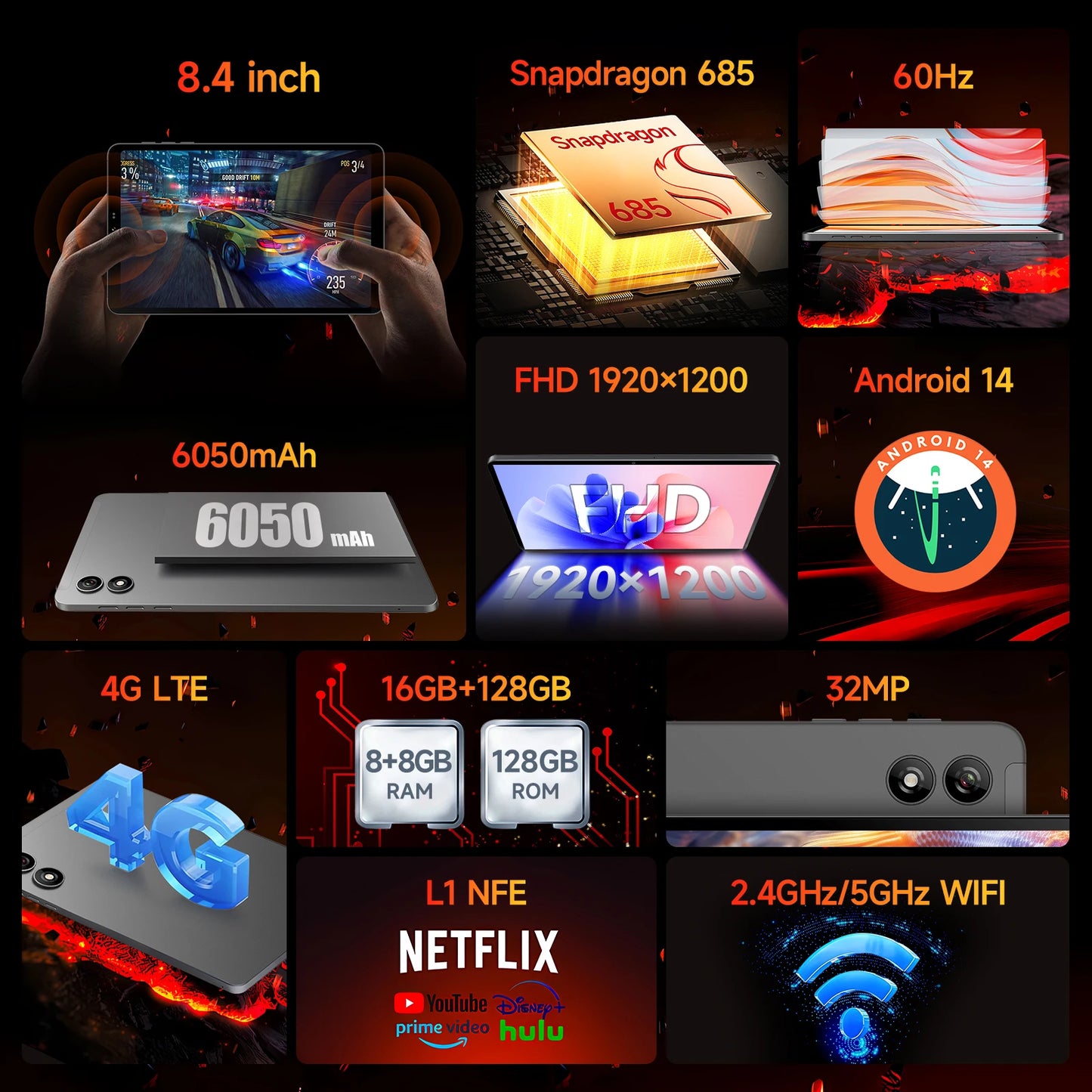 BNCF BPad Mini 8.4 inch Snapdragon SMD685 Tablet Android14 (8+8)GB RAM+128GB ROM 6050mAh Battery 4G LTE Widevine L1 2K IPS Tab