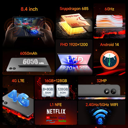 BNCF BPad Mini 8.4 inch Snapdragon SMD685 Tablet Android14 (8+8)GB RAM+128GB ROM 6050mAh Battery 4G LTE Widevine L1 2K IPS Tab
