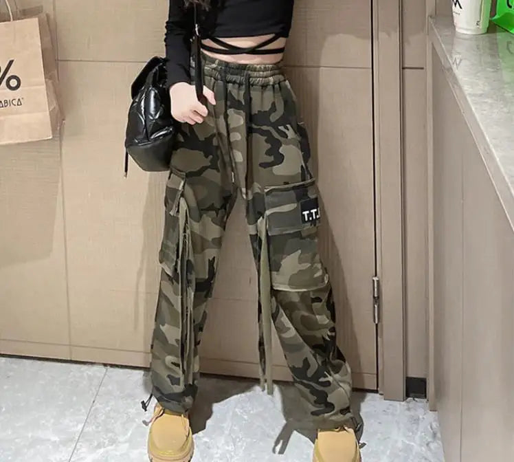 Girls Camouflage Pants Kids Fashion Casual High waisted wide leg pants 2025 Spring Fall ClothesTeen Girl Trousers 8 10 12 14Y