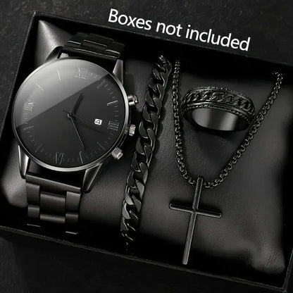 4-piece/set men's black minimalist quartz watch set with bracelet, necklace, and ring -