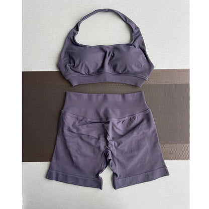 2 Pieces Yoga Gym Set Women Seamless Strappy Yoga Bra High Waist Workout Scrunch Shorts Sports Set Fitness Clothes Sportswear
